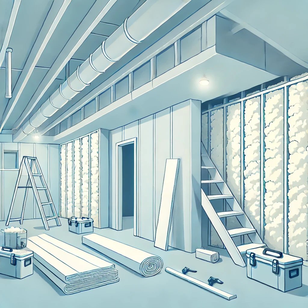 AI illustration of a basement being renovated.