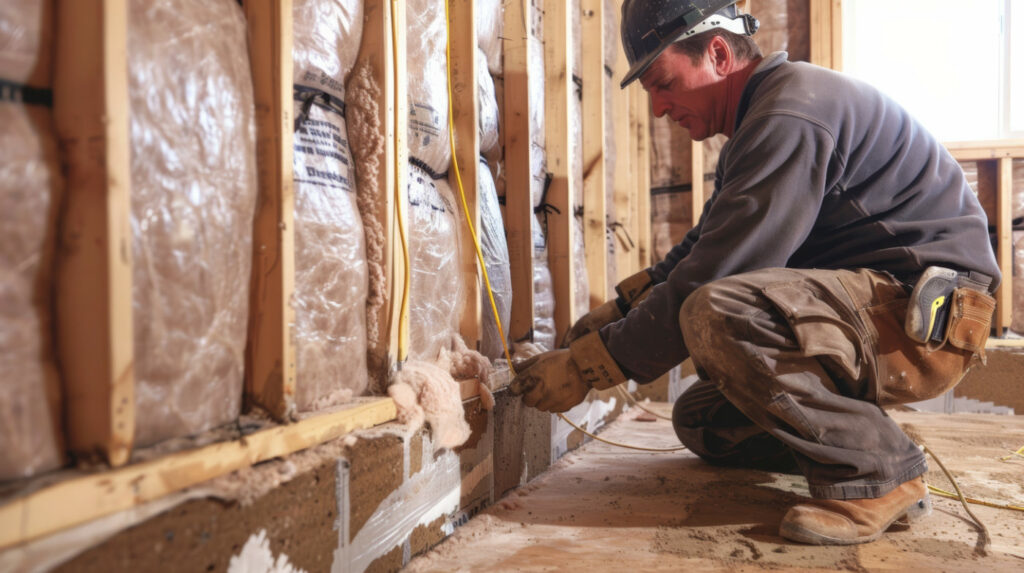 Insulation expert installing insulation in a residential home basement.