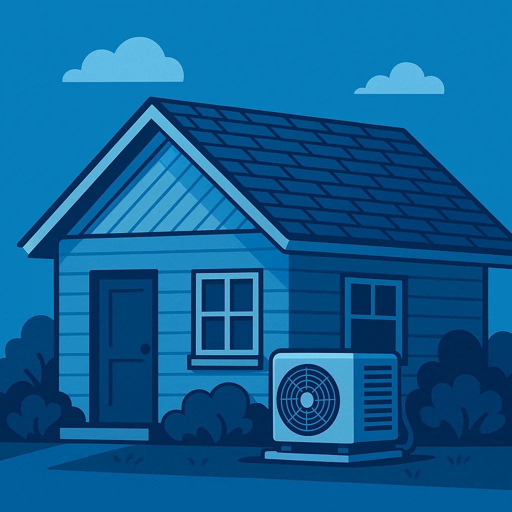 Blue illustration of a house with an AC unit.