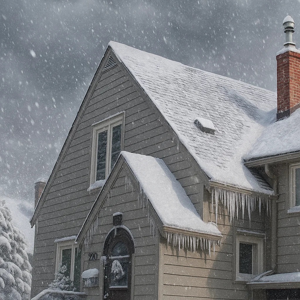A beige two-story house with a steep roof is covered in snow during a winter storm.