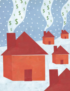 Houses releasing chimney smoke with money signs