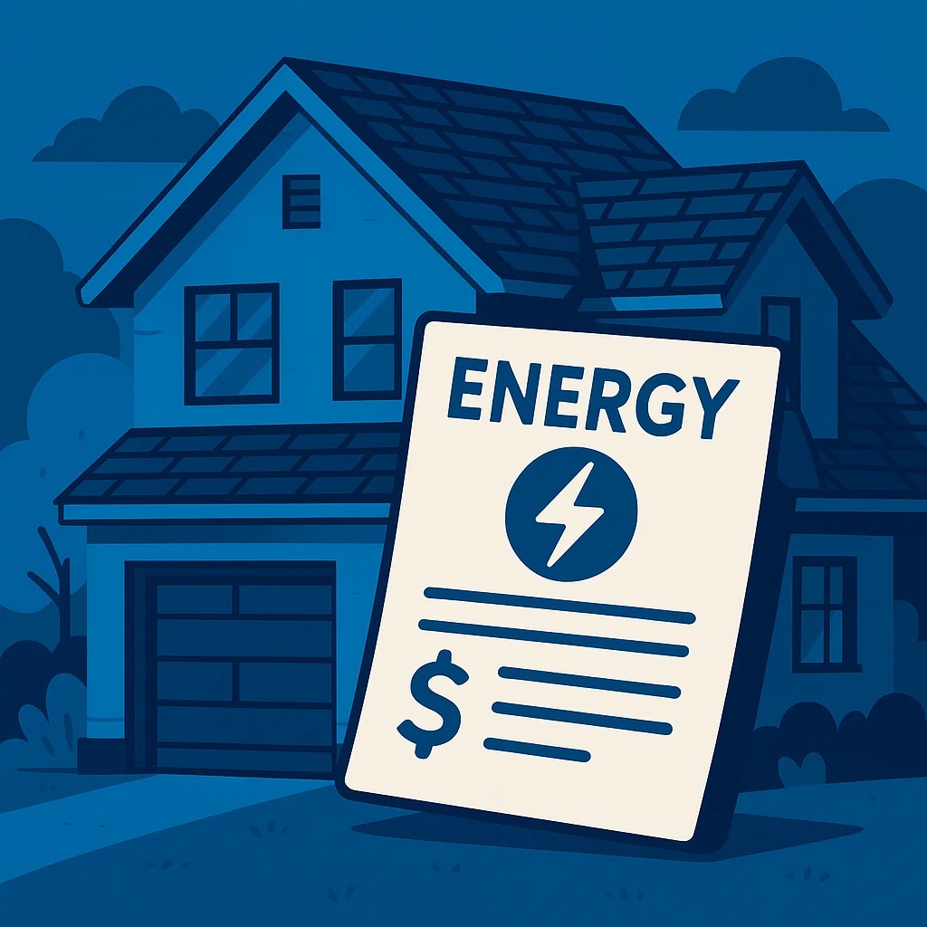 Illustration that showcases a house with a Energy bill icon in front obsuring the house a little.
