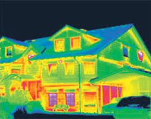 A thermal view of a home, indicating warm area, and showing where heat is escaping.