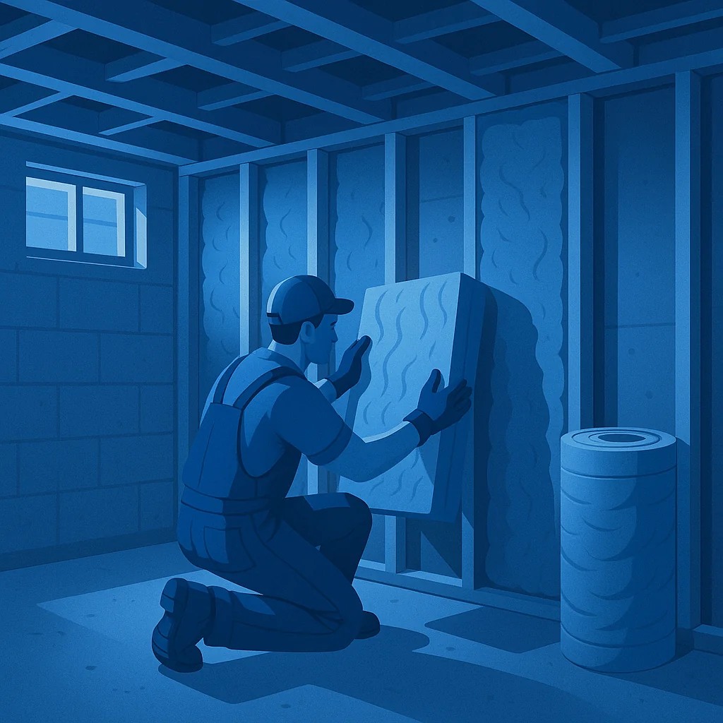 Worker installing basement insulation in walls.