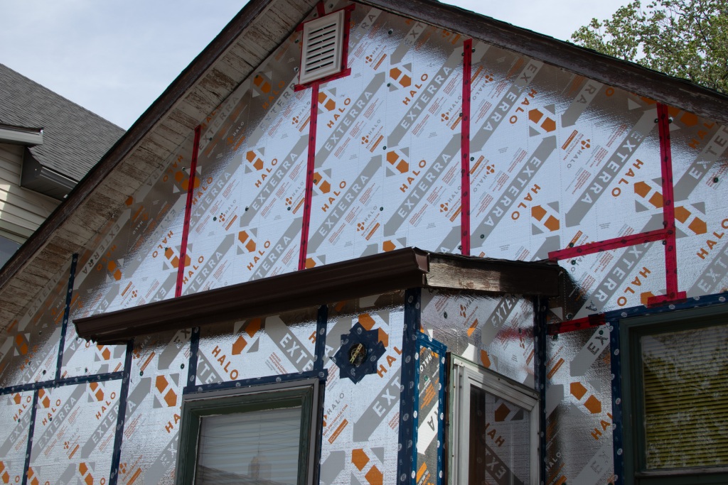 House with Halo Exterra insulation and furring strips installed.