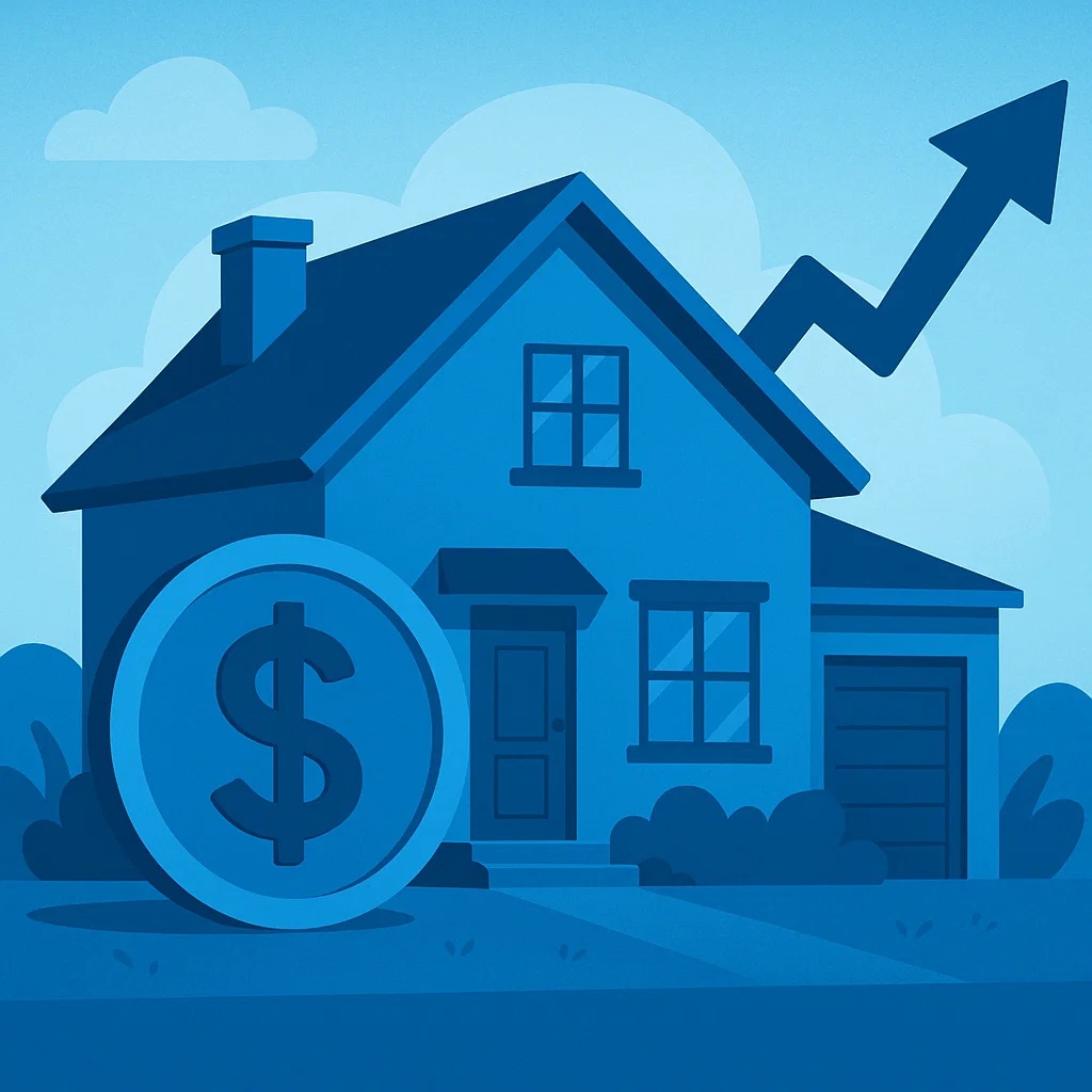 Illustration of a house with a large dollar sign coin in front and an upward arrow emerging from the roof.