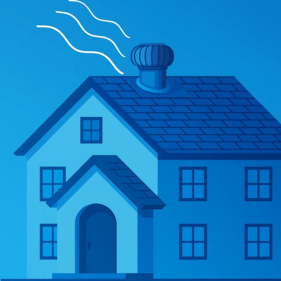 llustration of a two-story house with a gabled roof and a roof vent turbine releasing air, symbolizing ventilation.