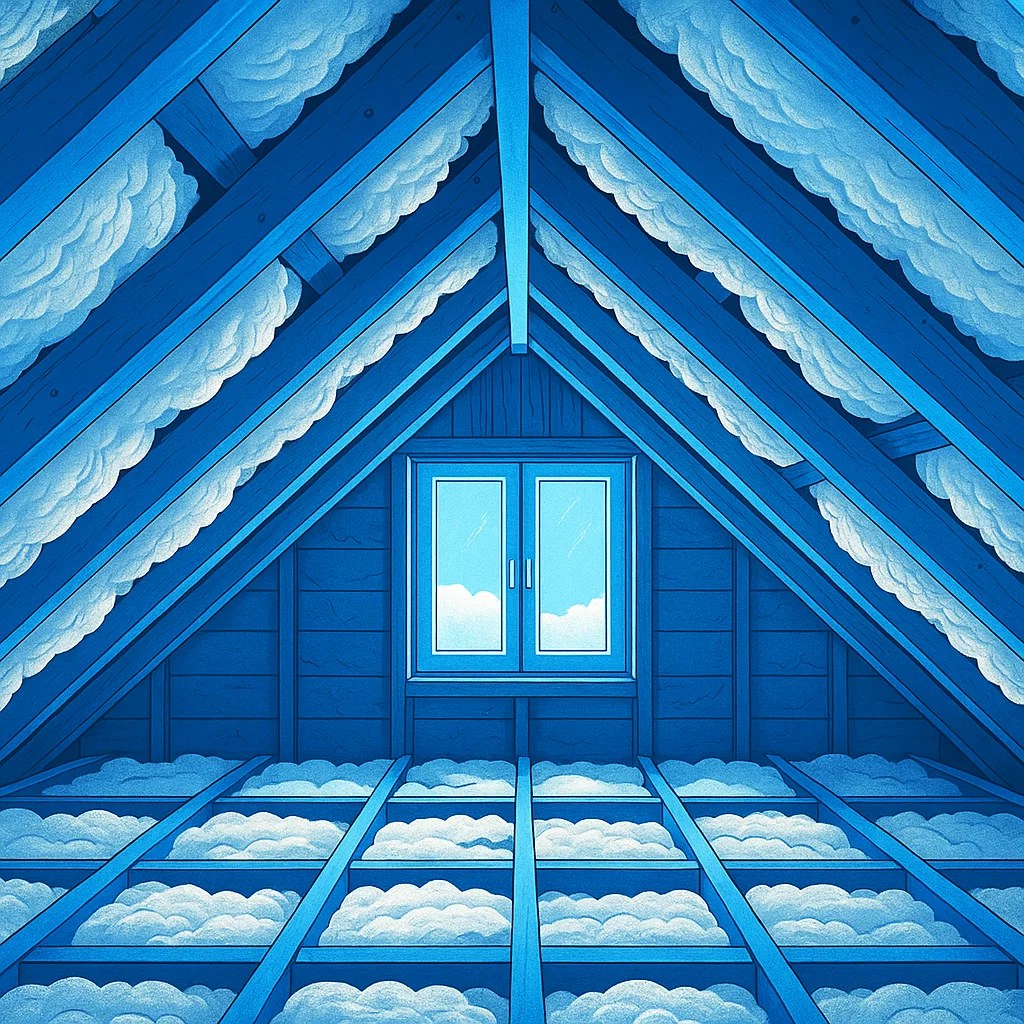 Illustration of attic with insulation between rafters and bright window view.