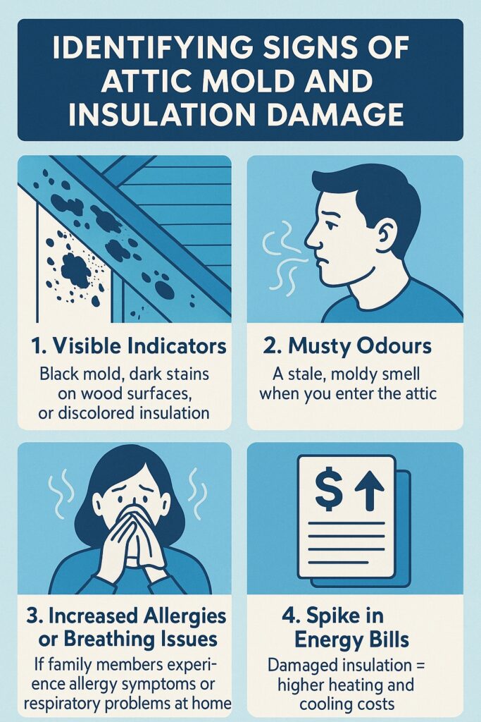 Infographic identifying signs of attic mold and insulation damage.