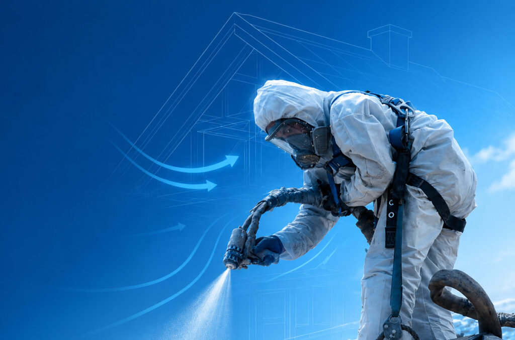Worker in protective gear spray-foaming insulation